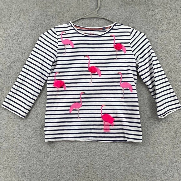 Mini Boden Other - Mini Boden Top Girls 8 9Y White Blue Striped Pink Flamingos 3/4 Sleeve